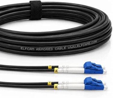 Elfcam 20m656ft Outdoor and Indoor Shielded Armored Fiber Optic Cable LCUPC to LCUPC OS2 Singlemode Duplex 9125m LSZH Black 20 Meters