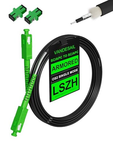 VANDESAIL 12 Meters SCAPC to SCAPC Fiber Patch Cable Armored Single Mode Cable Fiber Optical Patch Cord SIMPLEX with 2 Couplers LSZH Black