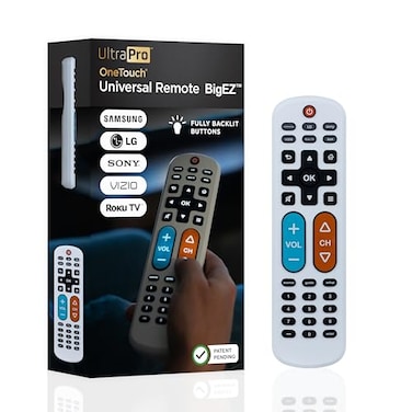 UltraPro BigEZ OneTouch Big Button Universal TV Remote for Seniors Easy to Use Replacement Remote for Samsung LG Sony Vizio Roku TV Streaming Players Backlit Buttons 2 Device White 85053