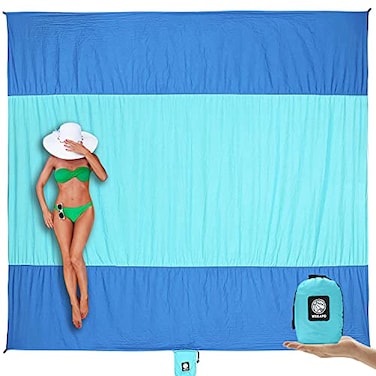 Wekapo Beach Blanket Sandproof Beach Mat Big Compact Sand Free Mat Quick Drying Lightweight Durable with 6 Stakes 4 Corner Pockets Standard 13 person
