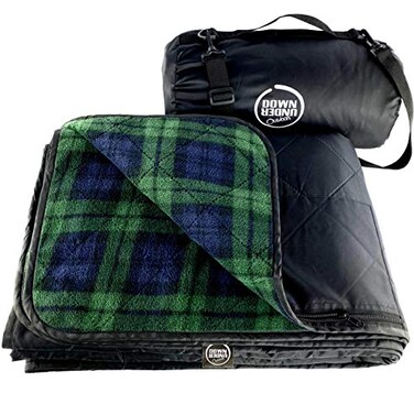DOWN UNDER OUTDOORS Large Waterproof Windproof Extra Thick 350 GSM Quilted Fleece Stadium Blanket Machine Washable Camping Picnic Outdoor Beach BaseballDog 82 x 55 Green Check