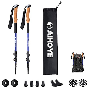 Aihoye Trekking Hiking Poles 2 Pack Adjustable Walking Sticks Collapsible Lightweight Strong Lightweight Aluminum7075 Quick FlipLock Hiking Sticks and Comfortable Cork Grips