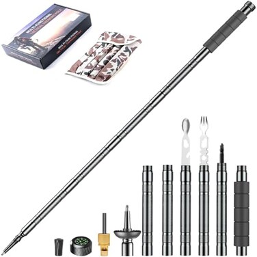 GOUTIME Trekking Pole Tactical Walking Stick Multifunctional Lightweight Aluminum Collapsible Survival Hiking Pole with Storage Bag for Women Men Seniors Camping Backpacking 6Section Gray Handle