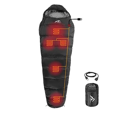 MANTUOLE Heated Sleeping Bag 5 Heating Zones Operated with USB 5V2A Battery or Other USB Power Supplies Battery NOT Included Mummy StyleBlack