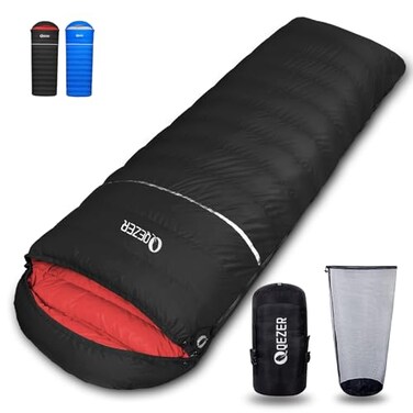 QEZER Down Sleeping Bag for Adults 600 Fill Power Down Sleeping Bag Cold Weather Ultralight Sleeping Bag with Compression Sack for Backpacking Camping Hiking 800g Down FillingBlackRight Zip