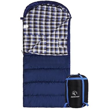 REDCAMP Cotton Flannel Sleeping Bag for Adults XL 32F Comfortable Envelope with Compression Sack Blue 2lbs95x35