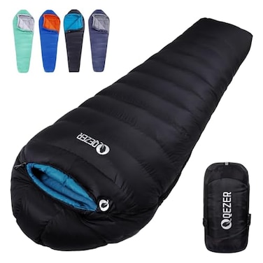 QEZER Down Mummy Sleeping Bag for Adults 18F to 11F Cold Weather Winter Lightweight Compact for Camping Backpacking Hiking Snow Camping Sleeping Bag with 600 Fill Power Down
