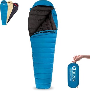 QEZER Ultralight Down Sleeping Bag for Adults 3661 Degree F with 600 Fill Power Compact Three Season Sleeping Bag for Backpacking Hiking and Camping