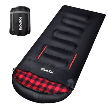 POEPORE Flannel Sleeping Bag Lightweight Warm Weather 34 Seasons for Adults XL Wearable Sleeping Bag Waterproof with Compression Sack BlackRed