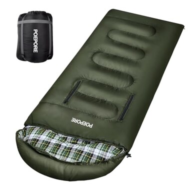 POEPORE Flannel Sleeping Bag Lightweight Warm Weather 34 Seasons for Adults XL Wearable Sleeping Bag Waterproof with Compression Sack Olive