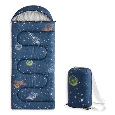 Wake In Cloud Kids Sleeping Bag for Boys Toddlers Camping in Warm Cold Weather Backpacking Lightweight Compact Outdoor Liner for 3 Seasons Space Stars Rockets Galaxy Navy Blue