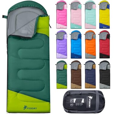 PTEROMY Sleeping Bags for Adults Lightweight and Machine Washable Water Resistant Backpacking Camping Sleeping Bag for Warm Cold Weather Camping Essentials for Hiking Travel Green 135kg