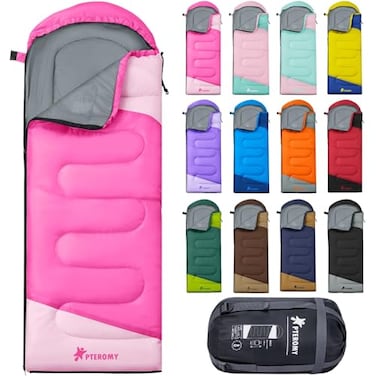 PTEROMY Sleeping Bags for Adults Lightweight and Machine Washable Water Resistant Backpacking Camping Sleeping Bag for Warm Cold Weather Camping Essentials for Hiking Travel Pink 135kg
