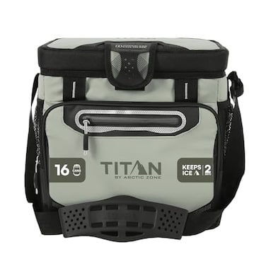 Titan by Arctic Zone Zipperless Soft Sided Cooler with HardBody Liner and SmartShelf Insulated Bag with Shoulder Strap for Lunch and Travel 16 Can Capacity Seagrass