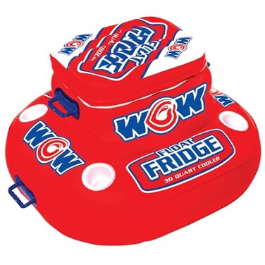 Wow Sports Inflatable Float Fridge Cooler 30 qt 4 Cup Holders Zippered Lid for Pools Lakes Oceans