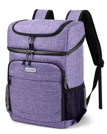 BAGLHER Cooler Backpack 30 Cans Leakproof Waterproof Cooler Bag with 5 Reusable Ice Pack for Camping Beach Hiking Purple