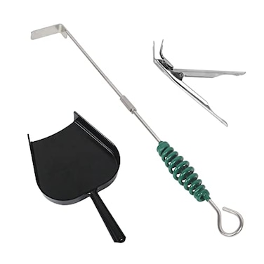 OLIGAI Grill Grate Lifter Gripper and Ash Tool Set for ML Big Green Color EggStainless Steel BBQ Ash Tool Poker and Ash Pan for Kamado Joe Classic