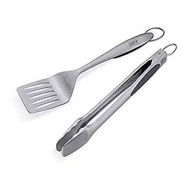 Weber Deluxe Tool Set Stainless Steel Grill Spatula HandsFree Locking Tongs with SoftTouch Ergonomic Grip Grill Accessories