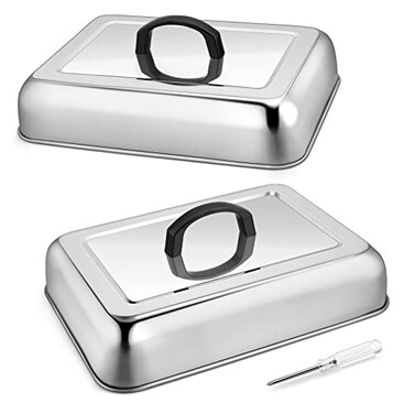 Joyfair 2Pcs Basting Cover Melting Dome for Griddle 13 x 98 Rectangular Stainless Steel Cheese Melt Lid for Outdoor Flat Top Grill HeatResistant Handle Dishwasher Safe No Vent