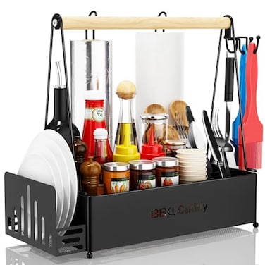 JBBTOOL Grill Caddy with 2 Paper Towel Holders BBQ Caddy for Outdoor Grill Picnic Condiment Utensil Caddy Camping Essentials RV Tailgating Grilling Accessories Grilling Gifts for Men