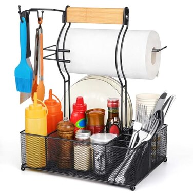 FANGSUN Grill Caddy BBQ Caddy with Paper Towel Holder Picnic Condiment Utensil Caddy for Outdoor Camping Barbecue Accessories Storage Organizer for Griddle Grilling Tools RV Patio Camper MustHave