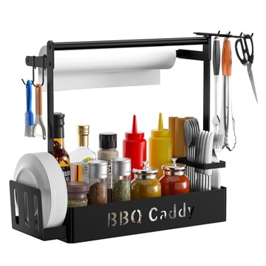 ZDDLOINP Grill Caddy BBQ Caddy with Paper Towel Holder for Plate Cutlery Flatware Caddy Picnic Condiment Caddy with 4 Hooks Grill Utensil Caddy for Outdoor Barbecue Accessories Organizer