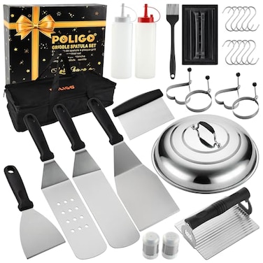POLIGO 28PCS Griddle Accessories Kit Flat Top Grill Accessories Set for Camp Chef Grill Spatula Set with Enlarged Spatulas Basting Cover Scraper for Cooking Indoor or Outdoor Barbecue