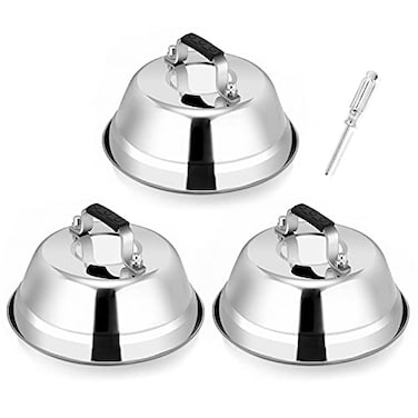 Leonyo 3PCS 65 Inch Heavy Duty Cheese Melting Dome Stainless Steel Round Basting Steam Cover for Grilling Flat Top Cast Iron Heat Resistant Handle Griddle Accessories Dishwasher Safe