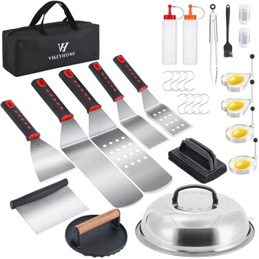 VIKEYHOME Griddle Accessories Kit 28 Pcs Flat Top Grill Accessories Set for Blackstone Professional Grill BBQ Spatula Set with Basting Cover Spatula Scraper Bottle Tongs Egg Ring