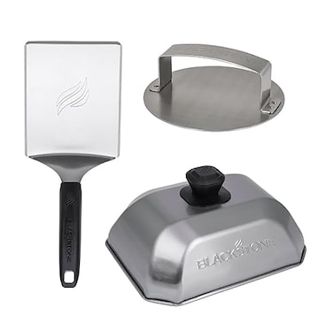 Blackstone 5462 Hamburger Kit 3 Piece Metal Flipper Spatula Turner Basting Cover Hamburger Press Patty Stainless Steel Burger Maker Set for Bacon SteakGriddle Accessories for Grilling Black
