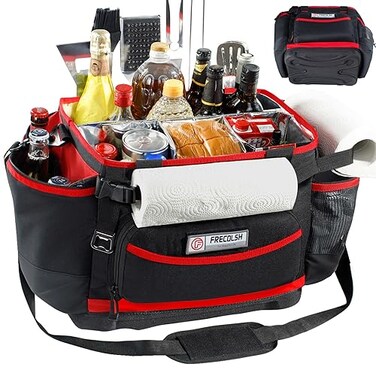 FRECOLSH Large BBQ Organizer with Molded Hard Base Compatible with Blackstone Outdoor Utensil Bag for Camping Picnic Tailgating Portable Cooking Accessories Tote Gift for Men