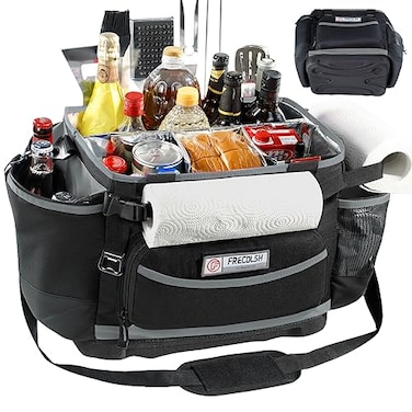 FRECOLSH Large BBQ Organizer with Molded Hard Base Compatible with Blackstone Outdoor Utensil Bag for Camping Picnic Tailgating Portable Cooking Accessories Tote Gift for Men