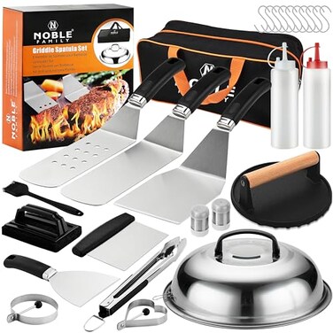 N NOBLE FAMILY 27 PCS Griddle Accessories Kit Flat Top Grill Accessories Set for Camping Professional Griddle Spatula Set with Melting Dome Burger Press for Outdoor BBQ Cooking