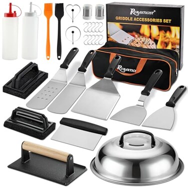 ROMANTICIST 29PCS Griddle Accessories Set Flat Top Teppanyaki Spatula Set with Scraper Basting Cover for Camp Chef Home Cooking Griddle and Outdoor BBQ Gifts for Christmas