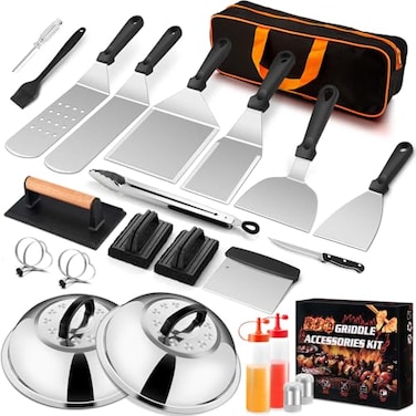 Joyfair 25Pcs Griddle Accessories Kit for Blackstone Stainless Steel Flattop Grilling Spatula Accessory Tools Set with Smash Burger Press Basting Cover for Outdoor BBQ Hibachi Cooking PP Handle