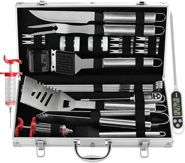 grilljoy 24PCS BBQ Grill Tools Set with Meat Thermometer and Injector Extra Thick Stainless Steel Fork Spatula Tongs Complete BBQ Accessories in Perfect Grill Gifts for Fathers Day