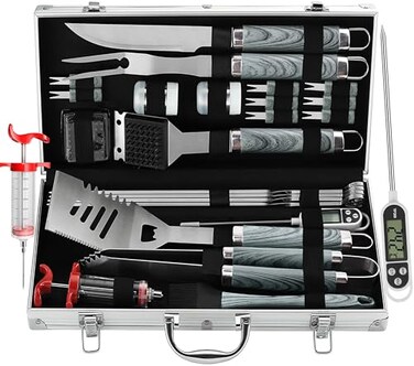 grilljoy 24PCS BBQ Grill Tools Set with Meat Thermometer and Injector Extra Thick Stainless Steel Fork Spatula Tongs Complete BBQ Accessories in Perfect Grill Gifts for Fathers Day