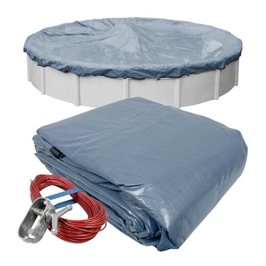 Robelle 24 ft Commercial Blue Winter Pool Cover for Above Ground Pools 4 ft Overlap 28 ft Cover Size Solid 12 x 12 Scrim 37 ozyd2 Style 34244