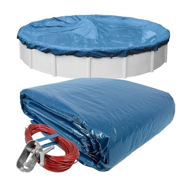 Robelle 18 ft Heavy Duty Blue Winter Pool Cover for Above Ground Pools 4 ft Overlap 22 ft Cover Size Solid 8 x 8 Scrim 236 ozyd2 Style 35184
