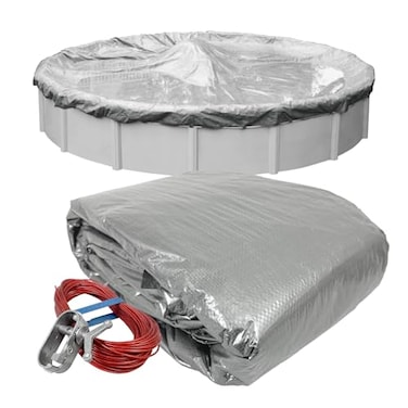 Robelle 24 ft Heavy Duty Silver Winter Pool Cover for Above Ground Pools 4 ft Overlap 28 ft Cover Size Solid 8 x 8 Scrim 236 ozyd2 Style 55244ROB