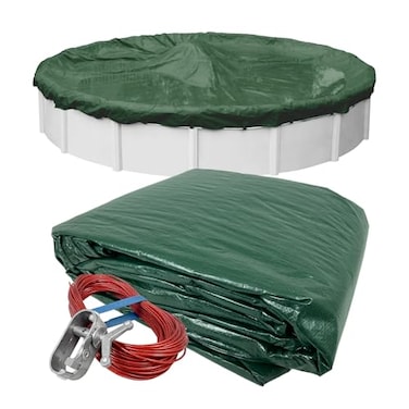 Robelle 28 ft Heavy Duty Green Winter Pool Cover for Above Ground Pools 4 ft Overlap 32 ft Cover Size Solid 8 x 8 Scrim 236 ozyd2 Style 32284