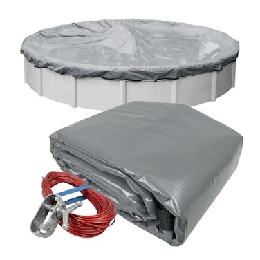 Robelle 24 ft Industrial Gray Winter Pool Cover for Above Ground Pools 4 ft Overlap 28 ft Cover Size Solid 14 x 12 Scrim 45 ozyd2 Style 30244