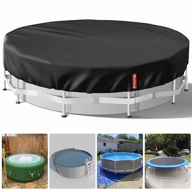 VniYors 12 Ft Round Pool Cover HeavyDuty Waterproof Dustproof Solar Pool Cover for Above Ground Pools Hot Tub Cover with Drawstring and Ground Nails Black