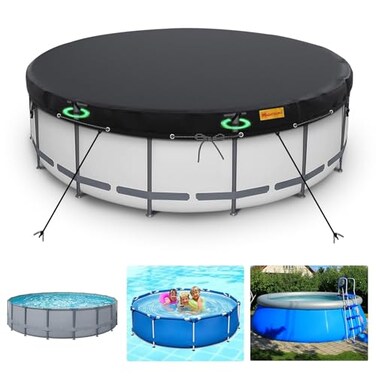HIGHTQURO 15Ft Round Pool CoverHeavy Duty Waterproof Round Pool Covers for Above Ground Pools with Ground Nails and Windproof RopesIncrease StabilityTearResistant Waterproof and Dustproof Black