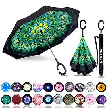 MRTLLOA 404956 Inch Oversize Windproof Inverted Reverse Upside Down Umbrella Golf Size Rain Umbrella Double Layer CShaped Handle for Men Women and KidsGreen Peacock 49 Inch
