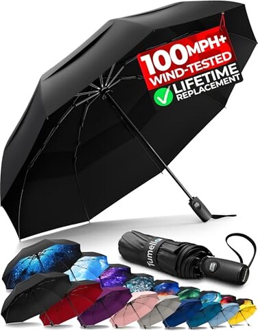 TUMELLA Strongest Windproof Travel Umbrella Compact 100MPH WindTested Light Portable OneHanded Use Automatic Folding Rain Umbrella Durable Premium Grip Fits Car Backpack