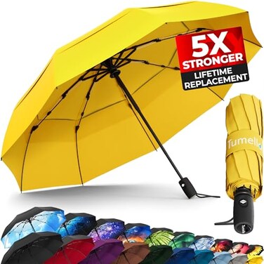 TUMELLA Strongest Windproof Travel Umbrella Compact Superior Beautiful Small Strong but Light Portable and Automatic Folding Rain Umbrella Durable Premium Grip Fits Car and Backpack