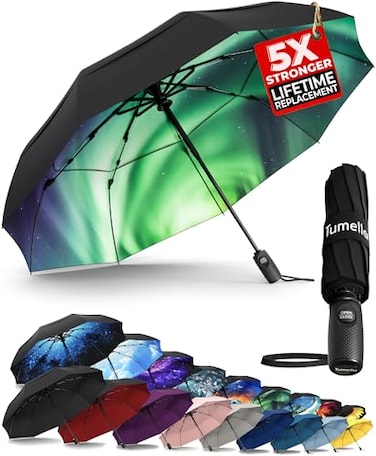 TUMELLA Strongest Windproof Travel Umbrella Compact Superior Beautiful Small Strong but Light Portable and Automatic Folding Rain Umbrella Durable Premium Grip Fits Car and Backpack