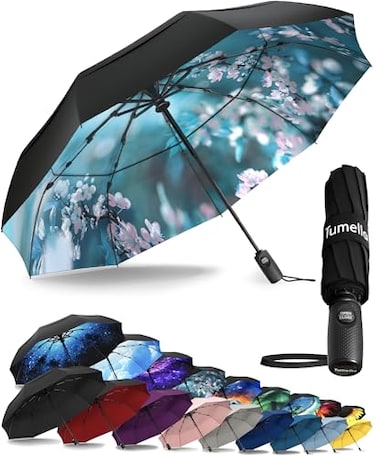 TUMELLA Strongest Windproof Travel Umbrella Compact Superior Beautiful Small Strong but Light Portable and Automatic Folding Rain Umbrella Durable Premium Grip Fits Car and Backpack