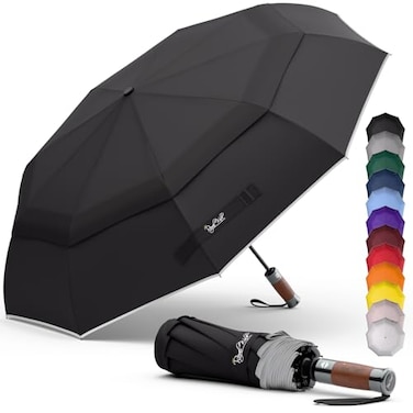 Royal Walk Windproof Folding Travel Umbrella Compact and Strong Luxurious Real Wood Handle Automatic Open Close Vented Double Canopy for Men and Women